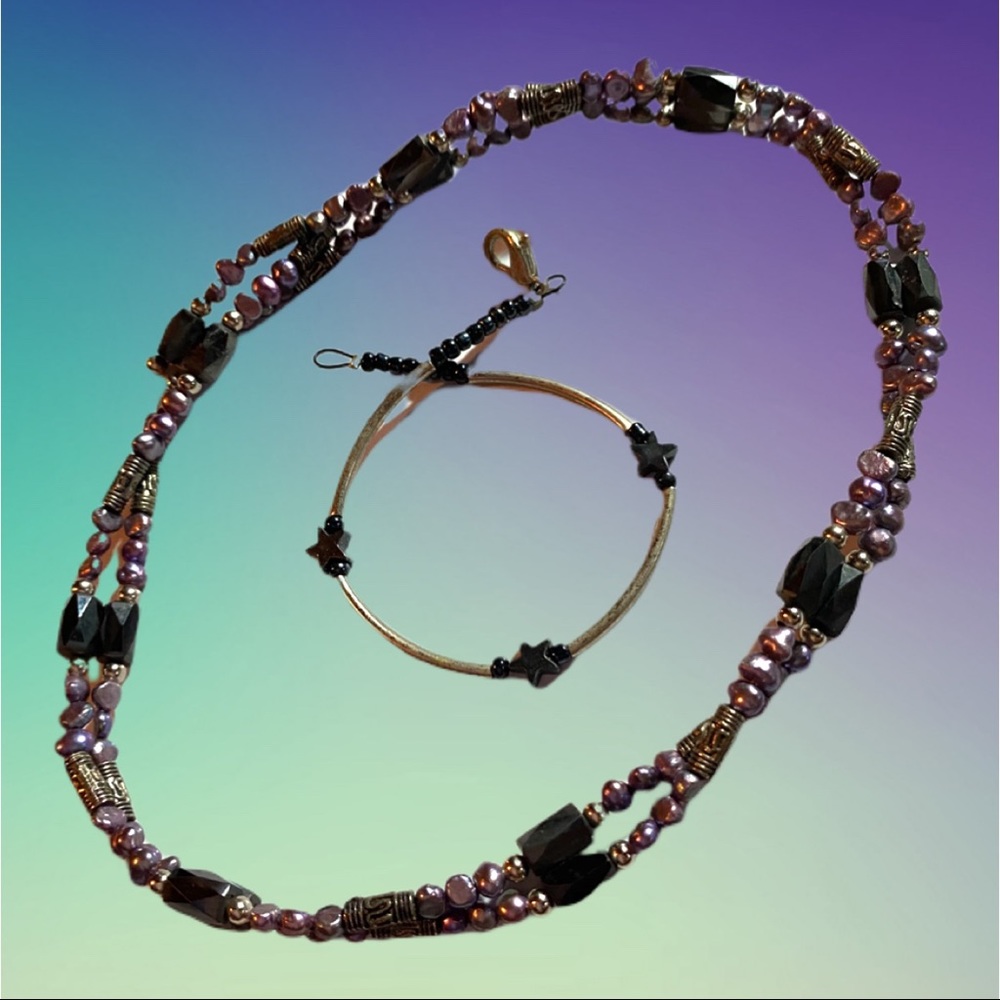 Dark Beaded Necklace & Bracelet Set